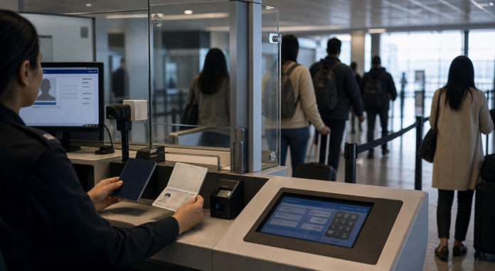 Controle de visa dans un aeroport avec des voyageurs en file