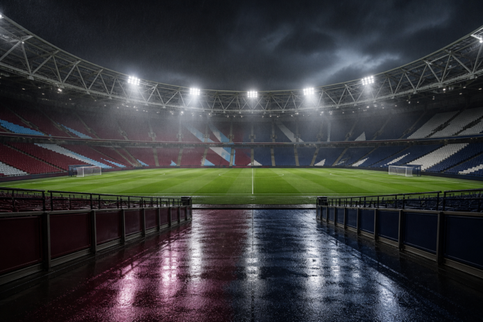Illustration editoriale d un stade vide pour West Ham contre Portsmouth en Carabao Cup.