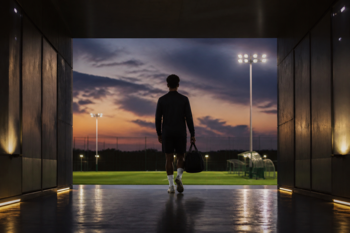 Couloir de stade et pelouse d entrainement vus de loin avec silhouette non identifiable, sans logo ni texte lisible.