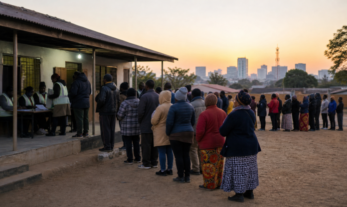 Illustration editoriale d une file d electeurs devant un bureau de vote en Afrique australe.