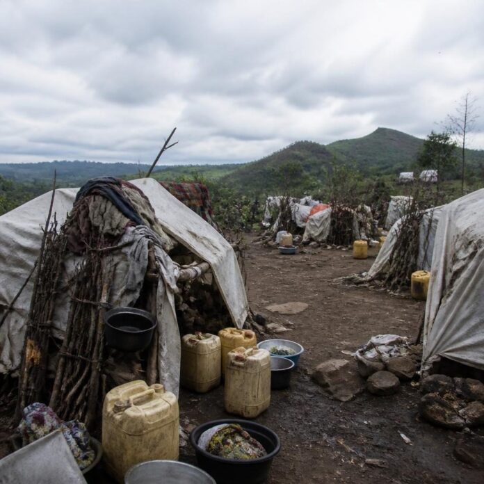 Abris de fortune et bidons dans un site de déplacés à Waloa Loanda, Nord-Kivu