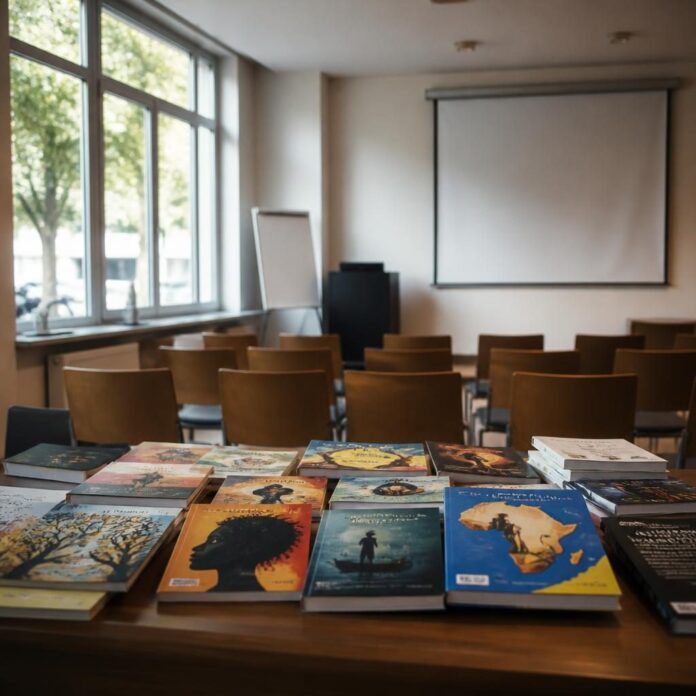 Salle universitaire à Berlin où se tient un colloque sur les littératures congolaises, avec une table d'ouvrages d'auteurs congolais