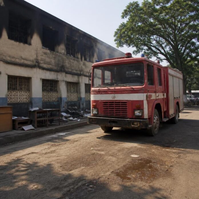 Camion anti-incendie rouge stationné près d'un collège après un incendie à Kinshasa