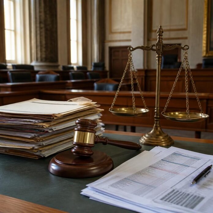 Salle d'audience avec un marteau de juge, des dossiers judiciaires et une balance de justice, évoquant un procès en Belgique