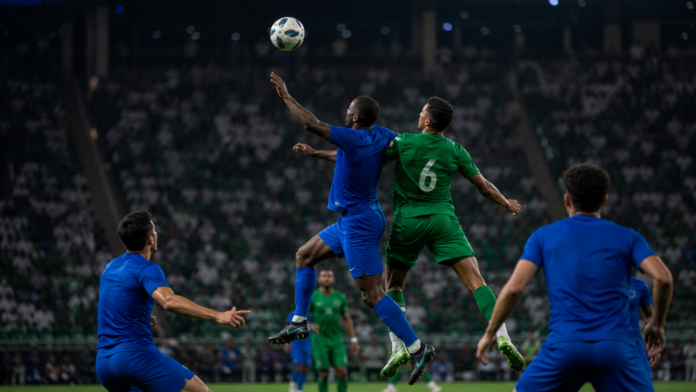 Joueurs anonymes lors d’un derby de football sous les projecteurs