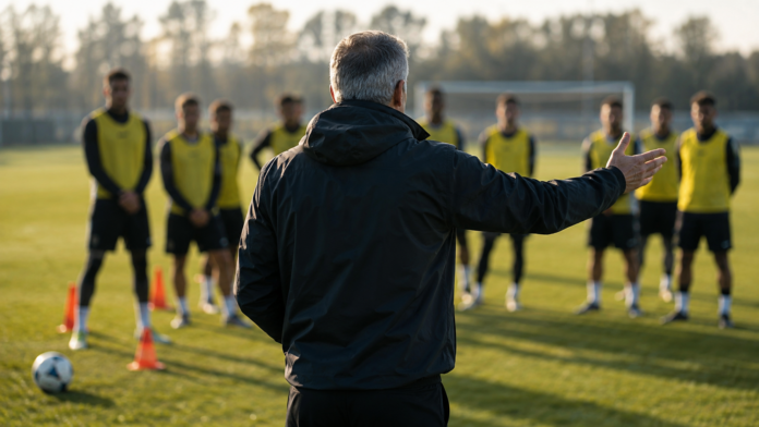 Entraîneur anonyme dirigeant une séance sur un terrain d’entraînement