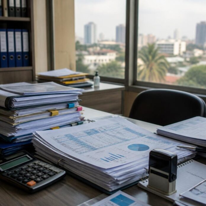 Documents comptables, calculatrice et tampon d'audit posés sur un bureau