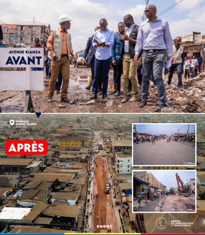 Caniveaux en béton et chaussée élargie lors des travaux de l'OVD sur l'avenue Kianza à Kinshasa