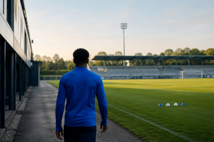 Footballeur anonyme arrivant sur un terrain d’entraînement
