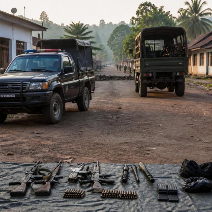 Des éléments des forces de sécurité barrent une rue de Malepe, à Beni, près d’armes et de munitions saisies