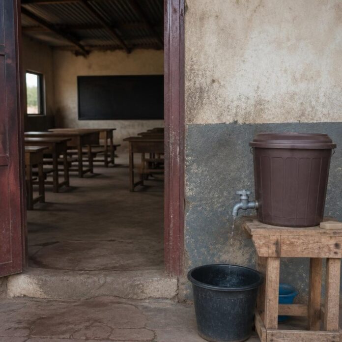 Salle de classe quasi vide à Beni, quelques élèves présents et dispositif de lavage des mains visible