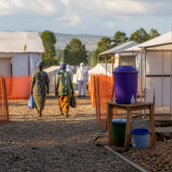 Deux femmes guéries d'Ebola quittent le centre de traitement de Katwa à Butembo, entourées de soignants en équipement de protection