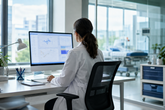 Clinicienne anonyme consultant des données de santé sur un écran