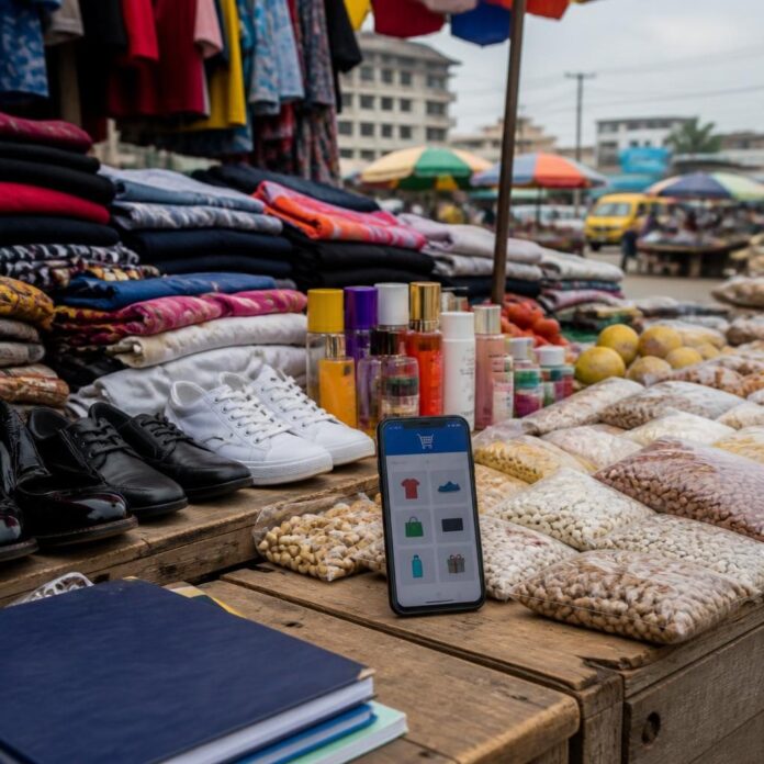 Un smartphone posé sur un étal de marché à Kinshasa, entouré de vêtements, chaussures et produits cosmétiques, illustrant les ventes