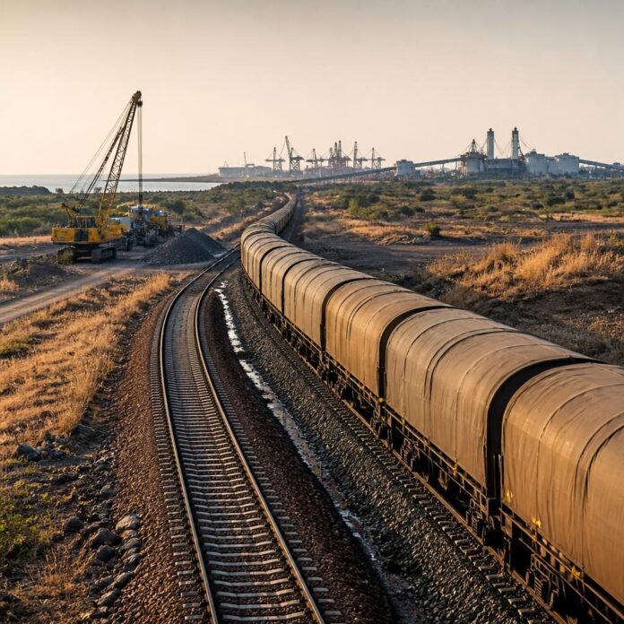 Voie ferrée de la ligne Dilolo-Sakania traversant une savane sèche, avec wagons de minerai et engins de chantier au loin