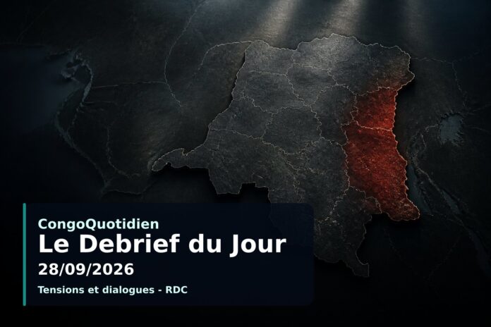 Illustration du débrief du 28 septembre 2026 : carte de la RDC avec focus sur l'Est, symboles de tension et de diplomatie
