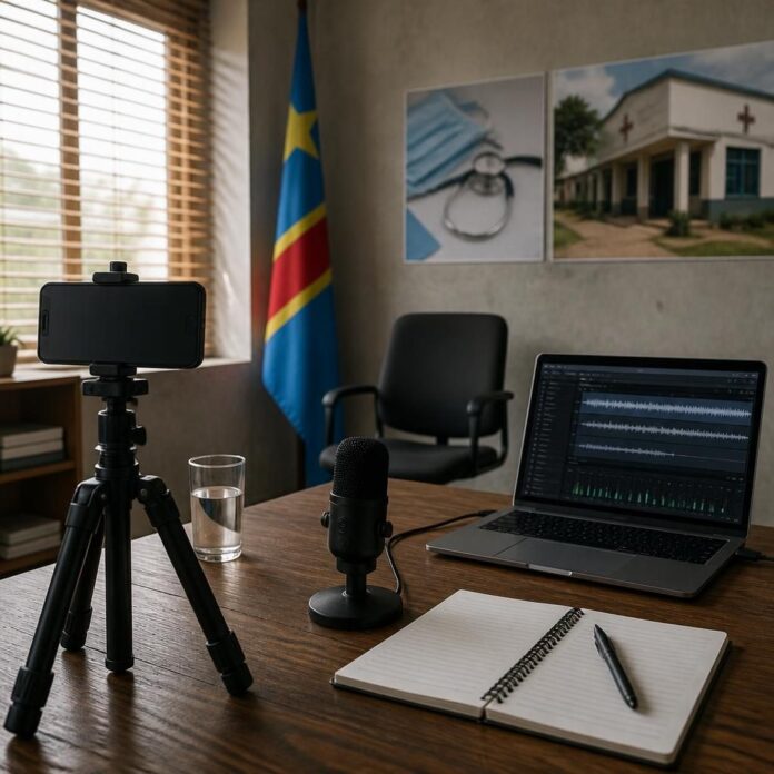 Microphone et ordinateur portable dans un studio de débat politique en ligne