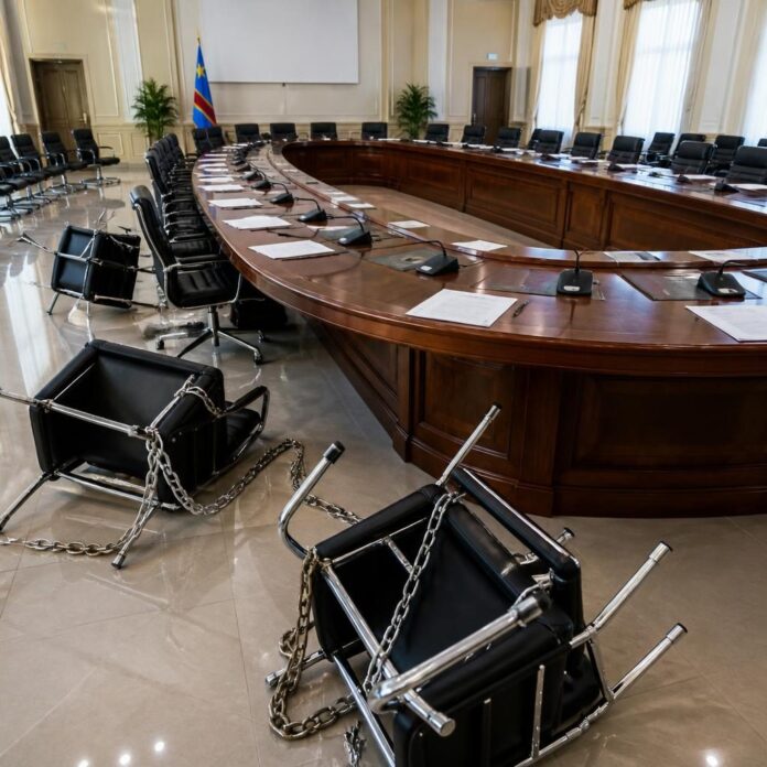 Table de négociation avec des chaises vides et barrées, illustrant l'exclusion des groupes armés au dialogue national