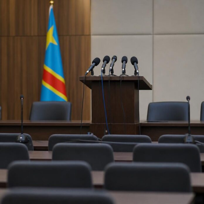 Salle de conférence avec podium et drapeau congolais pour le dialogue national