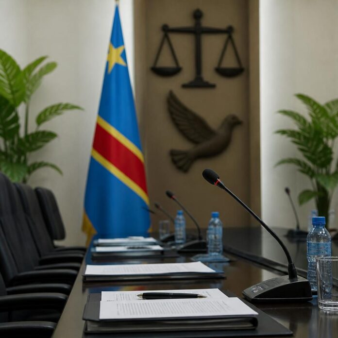 Des responsables politiques autour d'une table de dialogue, avec un drapeau de la RDC et des documents, dans une salle de conférence