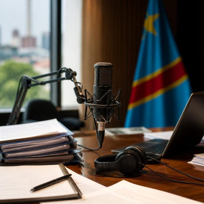 Micro de radio posé sur un bureau avec des documents et un drapeau congolais flou en arrière-plan