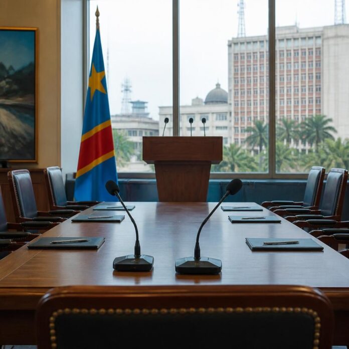 Salle de réunion avec drapeaux et micros pour un dialogue politique en RDC