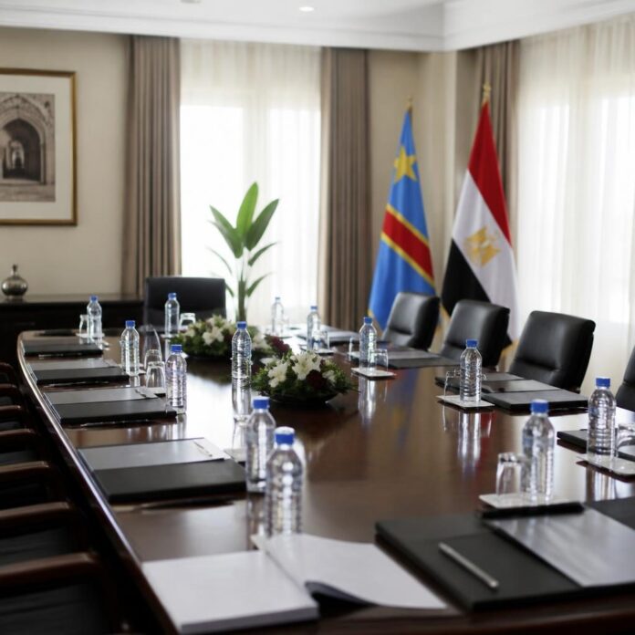 Personnes assistant à une réunion dans une salle de l'ambassade de la RDC au Caire, avec des documents sur la table et un drapeau congolais
