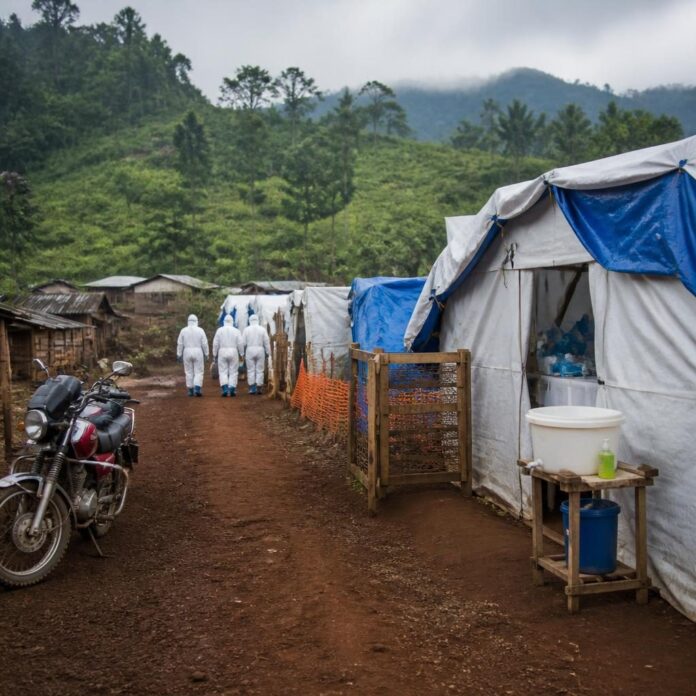 Tentes d’un centre de traitement Ebola, équipe en tenue de protection et collines verdoyantes du Nord-Kivu