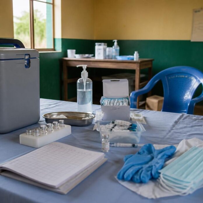 Flacons de vaccin, seringues et registre de suivi des contacts dans un centre de santé en Ituri