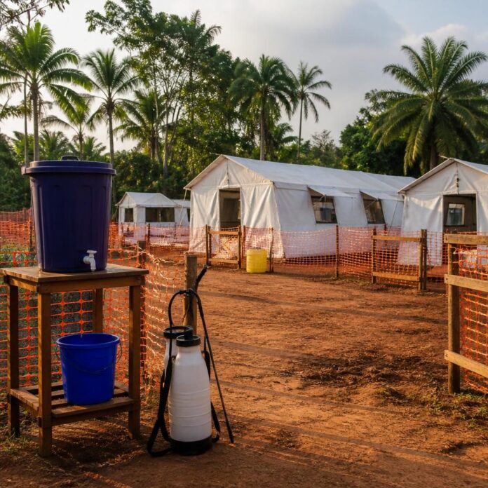 Centre de traitement Ebola de Logo avec tentes médicales, personnel soignant en tenue de protection et point de lavage des mains