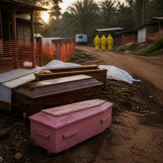 Un petit cercueil rose en bois posé au bord d'une route en RDC, évoquant le drame humain de l'épidémie d'Ebola