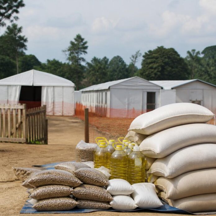 Rations alimentaires de riz, haricots et huile remises à des familles près d'un centre Ebola en Ituri