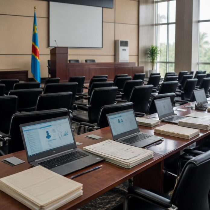 Salle de conférence de l’ENA lors du lancement du recrutement de la 11e promotion, avec dossiers et participants de dos