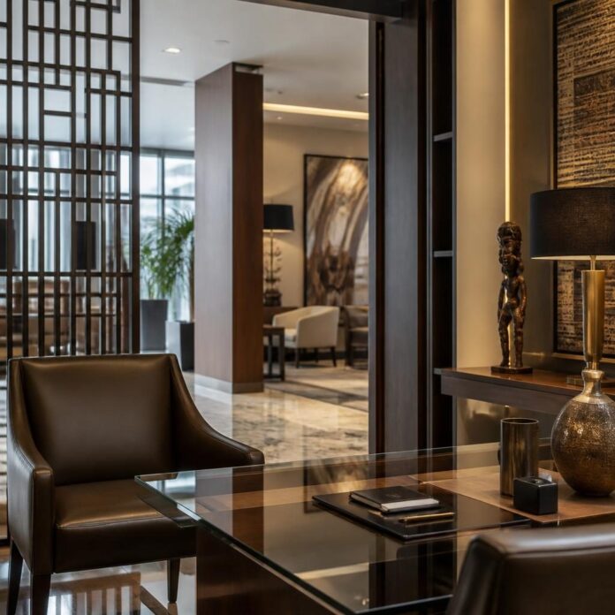 Intérieur cossu d'un espace Private Banking à Kinshasa avec fauteuils en cuir et comptoir d'accueil