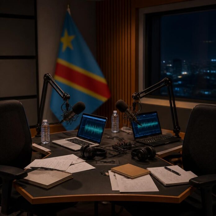 Deux chaises vides et des micros dans un studio radio pour un débat politique en ligne