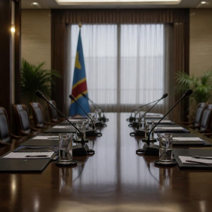 Salle de dialogue politique avec micros, drapeaux et chaises vides autour d'une table de négociation