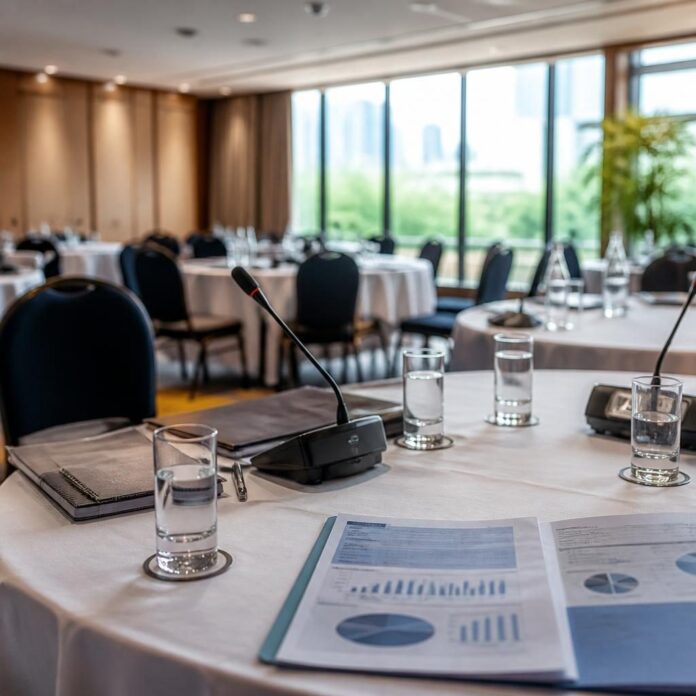 Salle de conférence du Fleuve Congo Hôtel à Kinshasa lors d'une rencontre entre opérateurs économiques et régulateur de la sous-traitance