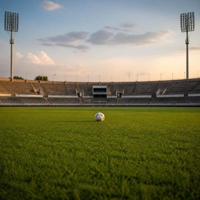 Ballon de football posé sur la pelouse d'un stade avec gradins vides et drapeau congolais en arrière-plan