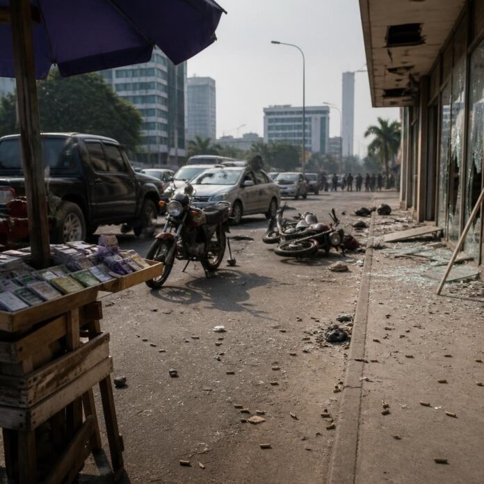 Motos et véhicules arrêtés sur le Boulevard du 30 juin près de la Raw Bank et de Kin Mart après des tirs à Kinshasa/Gombe