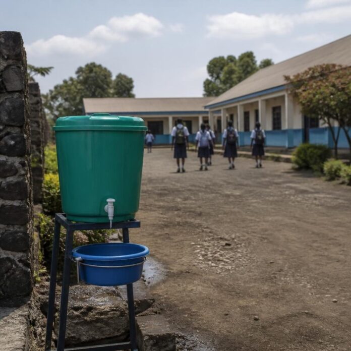Écoliers se lavant les mains à l'entrée de l'école EP Matunda à Goma