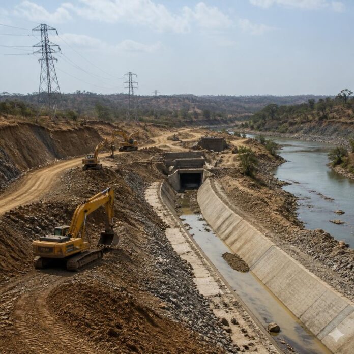 Chantier de construction de la centrale hydroélectrique Grand Katende avec engins de terrassement et la rivière Lulua