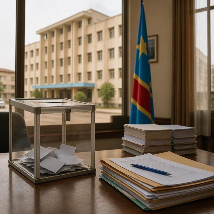 Bâtiment administratif provincial à Lubumbashi avec urne et documents officiels, ambiance institutionnelle