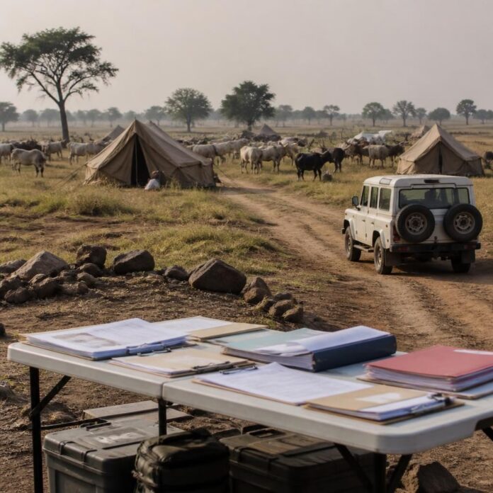 Troupeau de zébus et campement pastoral dans une savane du nord-est de la RDC