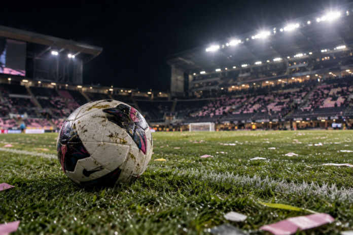Ballon de football dans un stade nord américain éclairé de nuit