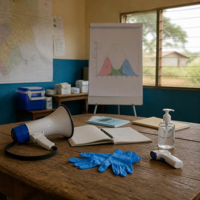 Salle de briefing à Bunia avec des professionnels de santé, des cartes épidémiologiques et du matériel de riposte contre Ebola