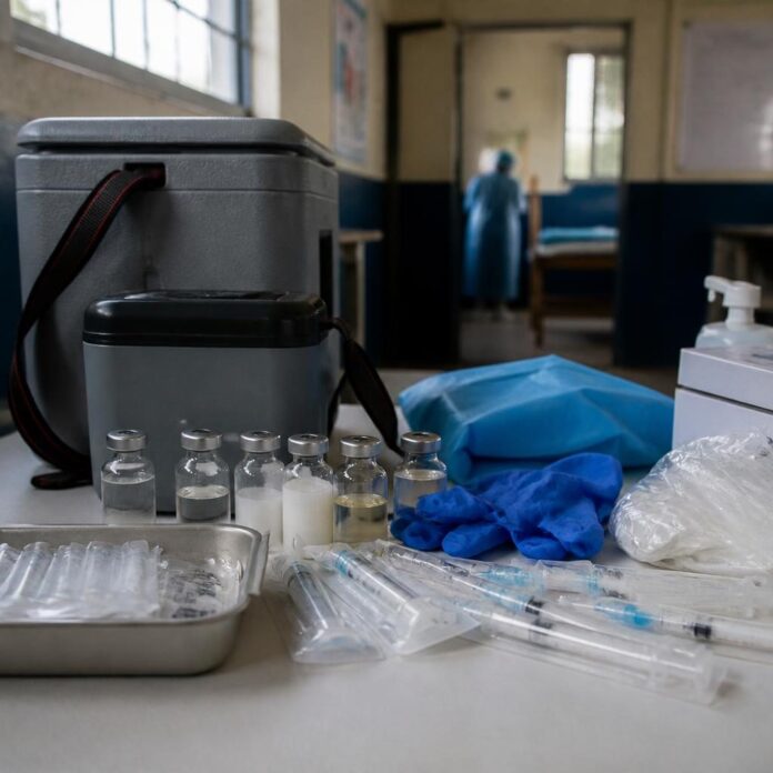 Flacons du vaccin Ervebo et matériel de vaccination dans un centre de santé à Bunia