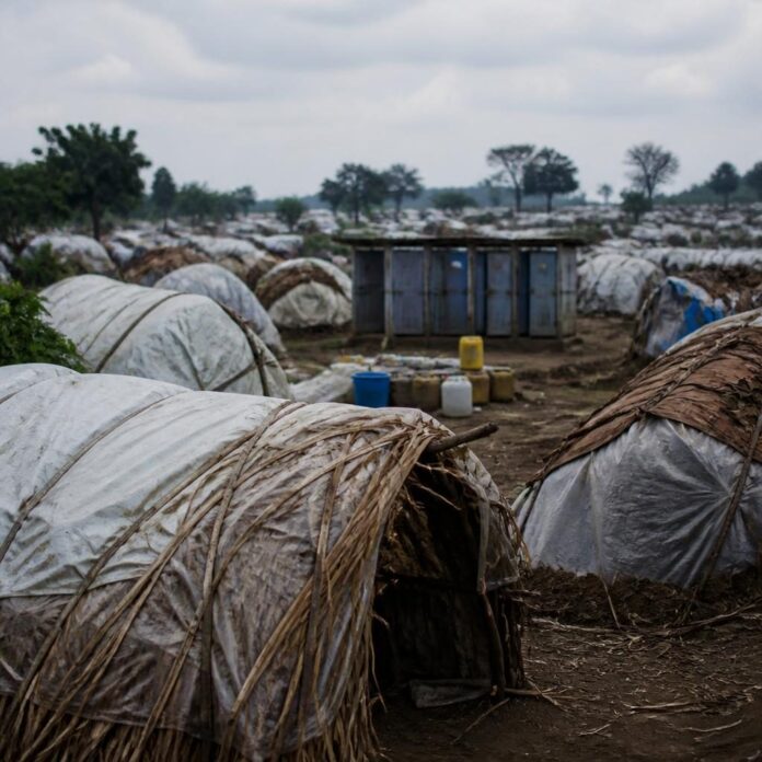 Site de déplacés de Plaine Savo avec des abris de fortune en bois, plastique et paille, en Ituri