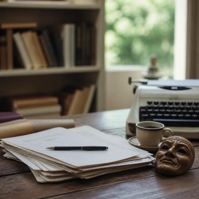 Bureau de travail avec manuscrits, stylo et masque de théâtre, symbolisant l'écriture dramatique
