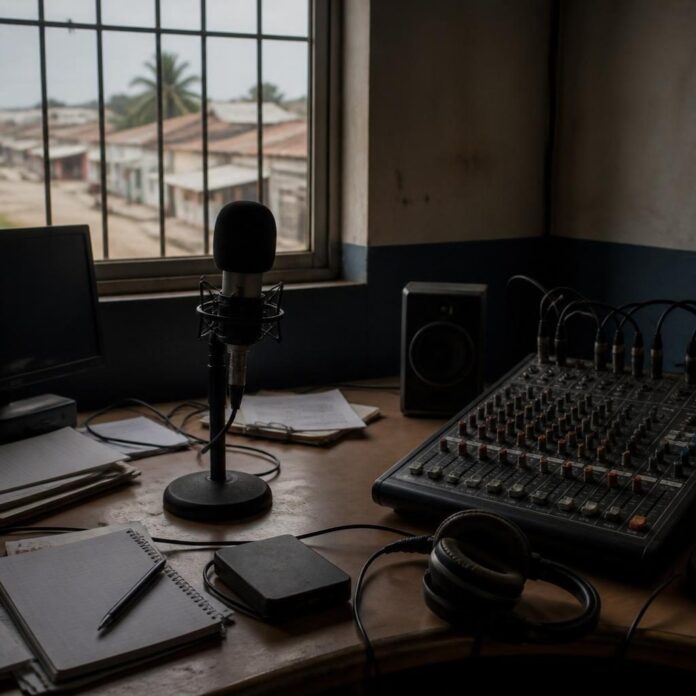 Micros et console de radio dans une station de Kalemie, ambiance de travail journalistique