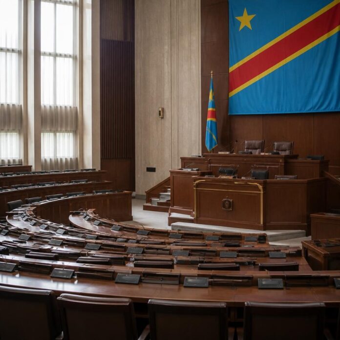 Hémicycle parlementaire avec pupitre, micros et drapeaux lors de l'ouverture de la session ordinaire de septembre